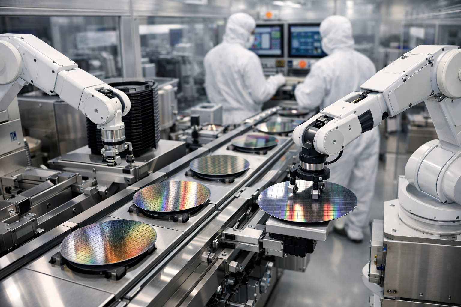 현대식 자동화 반도체 클린룸 생산 라인에서 로봇 팔이 실리콘 웨이퍼를 금속 컨베이어 시스템 위로 옮기고 있으며, 뒤쪽에는 흰색 방진복을 입은 기술자들이 디지털 디스플레이를 모니터링하고 있는 모습을 표현한 AI 이미지