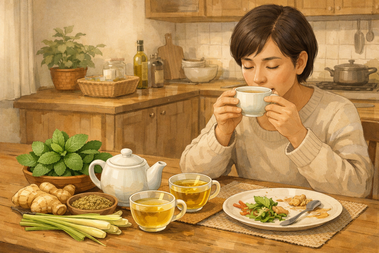 식사 후 허브차를 마시는 사람과 페퍼민트 생강 펜넬 레몬그라스 재료가 함께 놓인 장면을 표현한 AI 일러스트