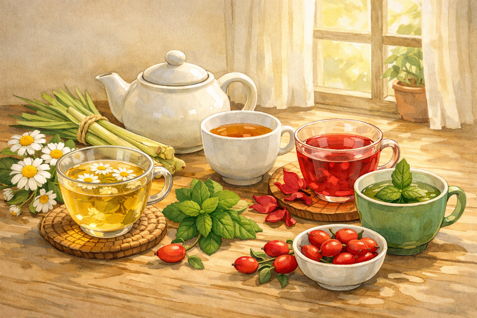 봄 햇살이 비치는 창가 테이블 위에 카모마일, 레몬그라스, 민트, 히비스커스, 로즈힙 재료와 함께 여러 잔의 허브차와 찻주전자가 놓인 AI 일러스트