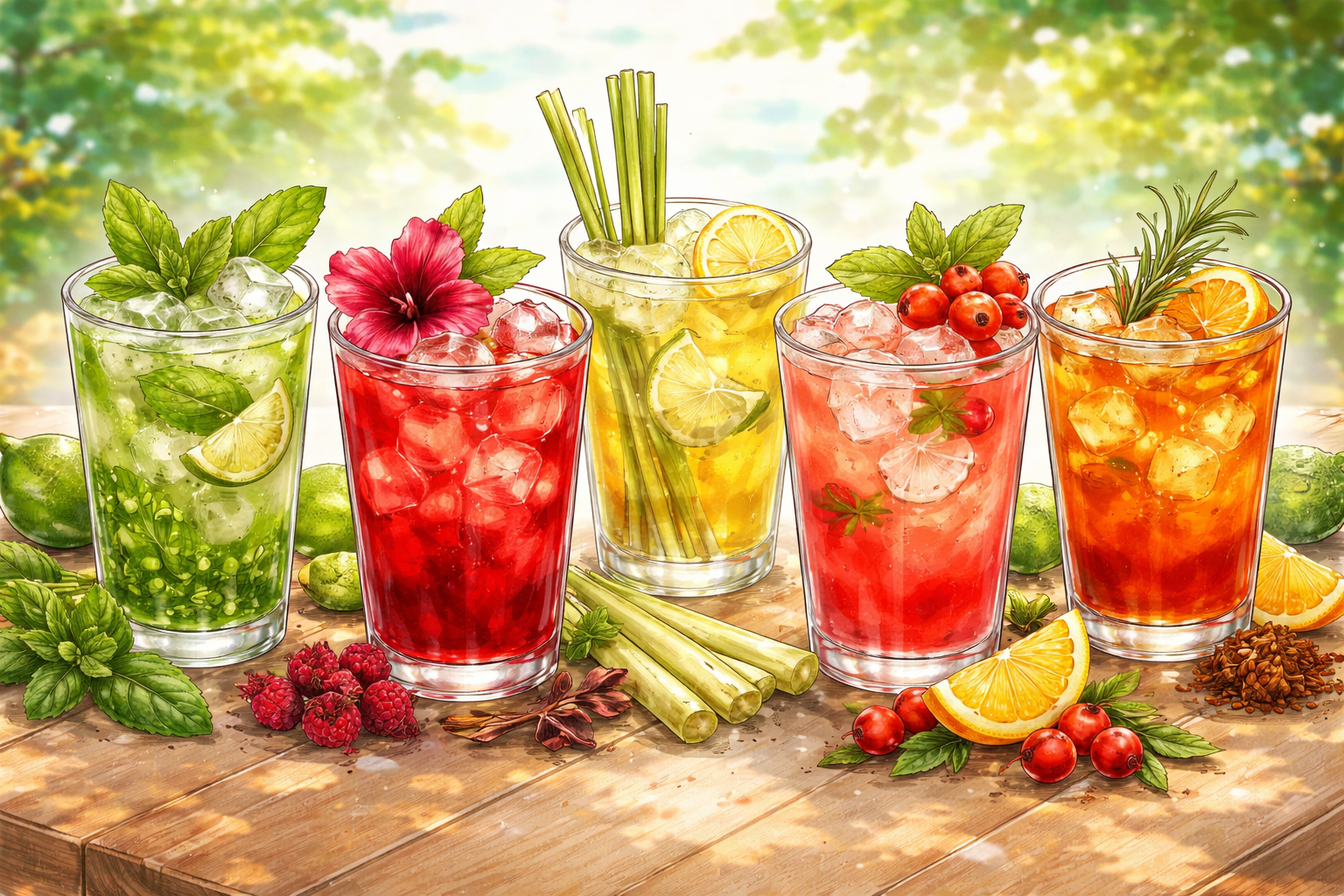 여름에 마시는 다양한 허브 아이스티를 표현한 AI 일러스트